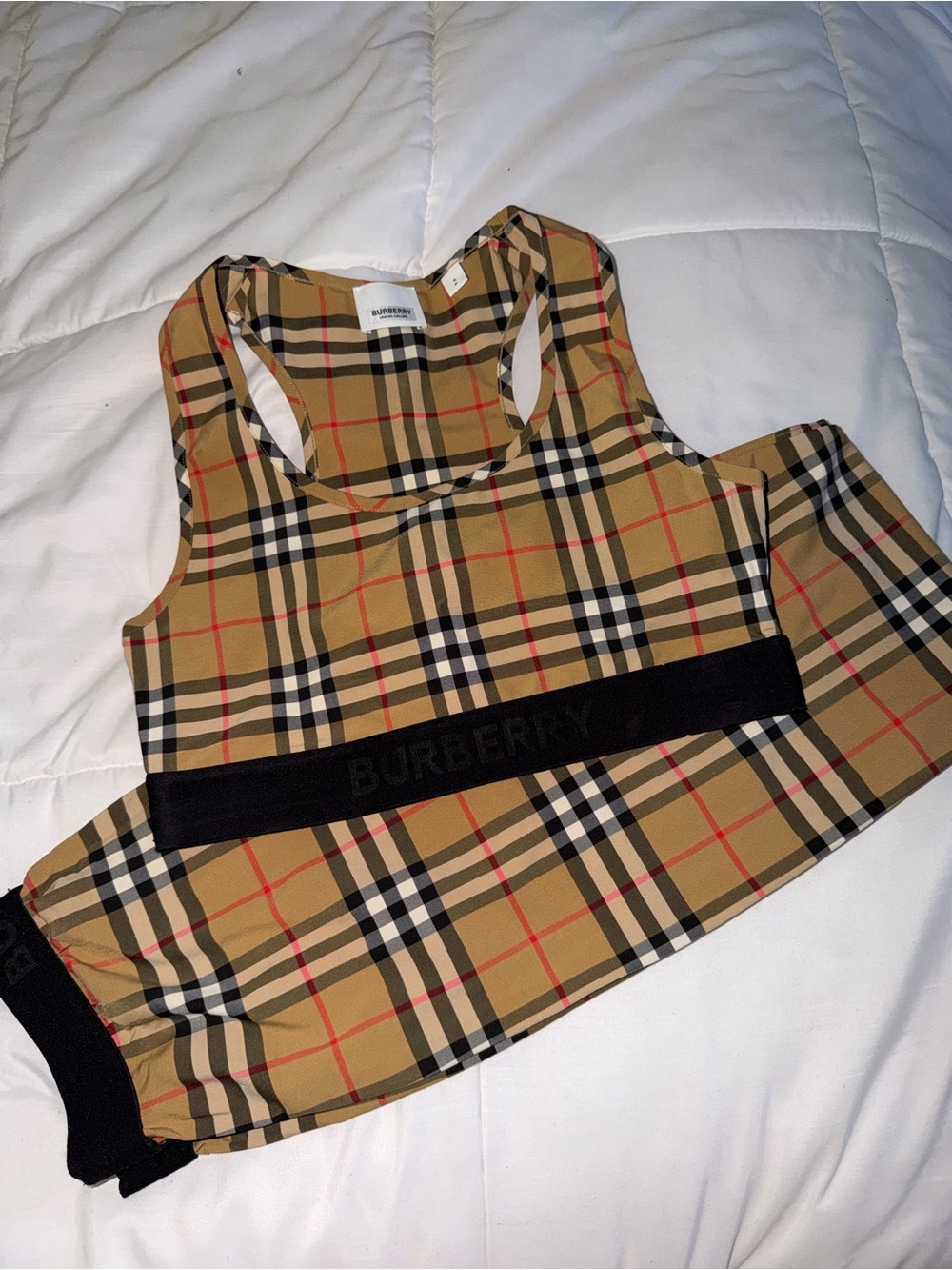 Burberry Tan Plaid Two-Piece Lounge Set with Black Trim